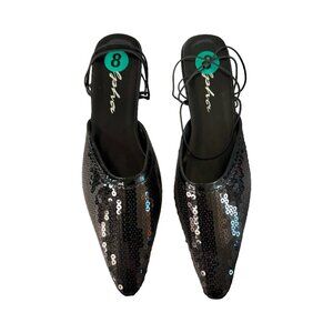 Alpha Black Sequin Pointed Toe Lace-Up Mules – Size 8